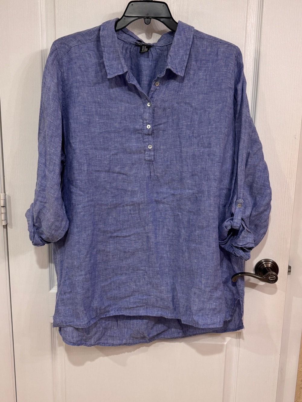 Relaxed Blue Linen Button-Neck Womens Blouse